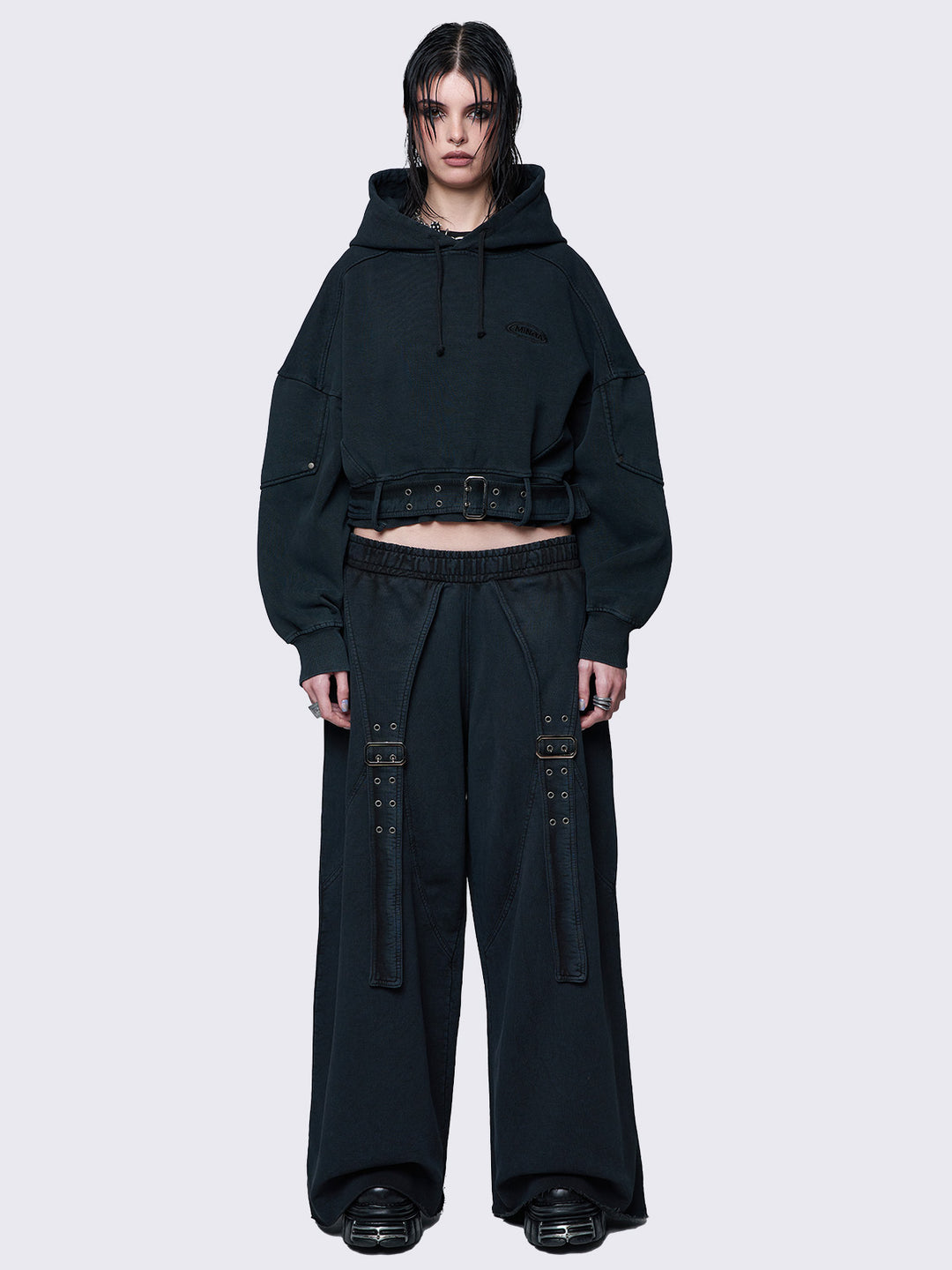 Cropped Washed Black Hoodie with Belt Detail – Edgy