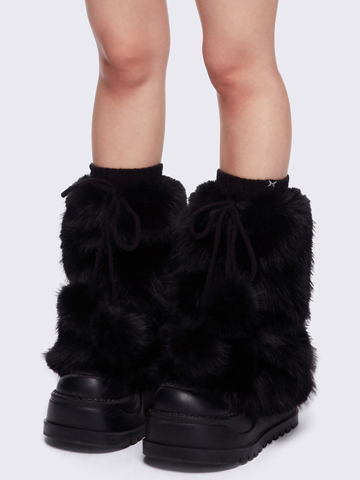 Black Furry Leg Warmers with Pom pom Minga London