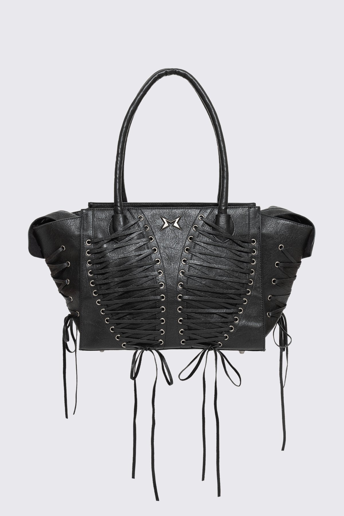 Black faux leather shoulder bag with lace-up panels and antique-silver hardware in a grunge aesthetic.