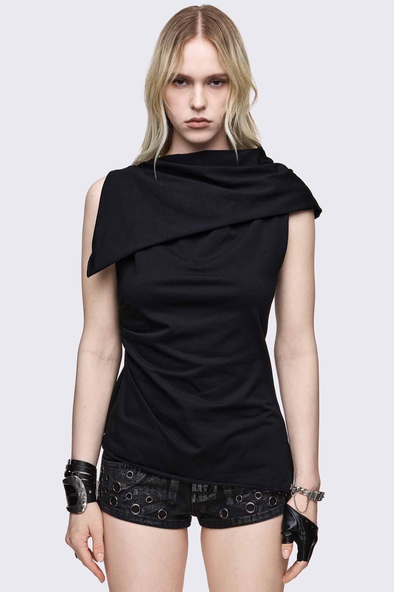 Black sleeveless tank top with draped cowl hood panel, slim fit and asymmetric hem.