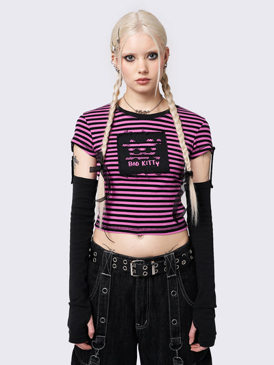 Bad Kitty Pink Striped Detachable Sleeve Top