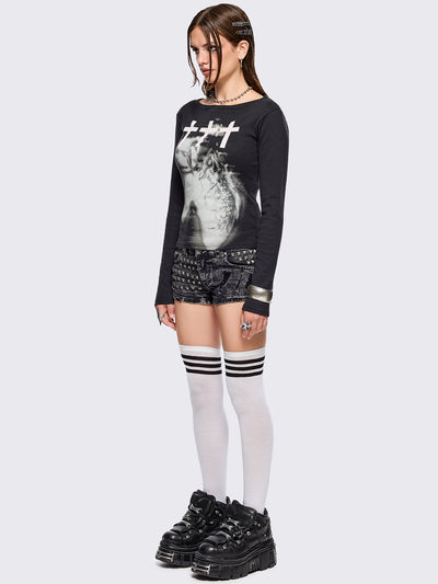 Black long sleeve top with grunge graphic and crosses graphic front print.