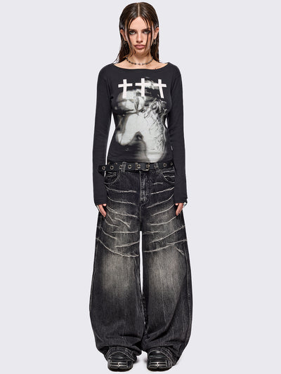 Black long sleeve top with grunge graphic and crosses graphic front print.