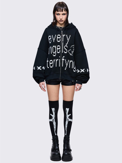 Black opaque thigh highs socks with white gun graphic design 