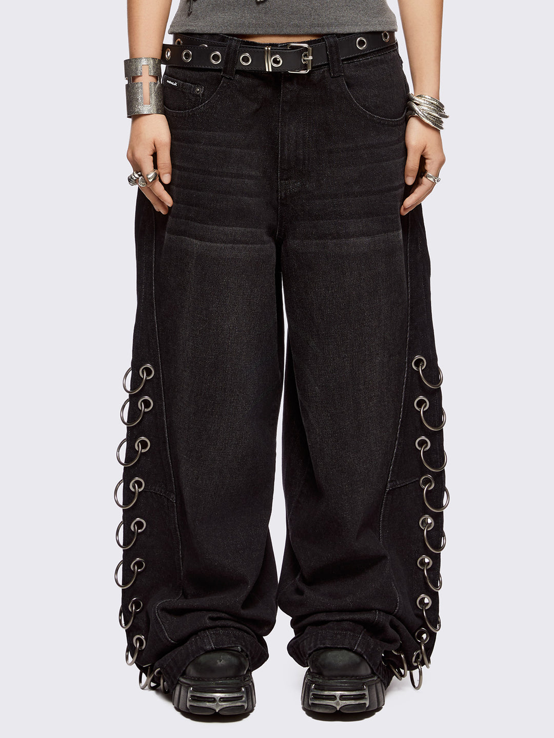 jent lou is 新作Eyelet Baggy Denim pants Super Baggy Jeans with Eyelets in Washed Black | Minga London