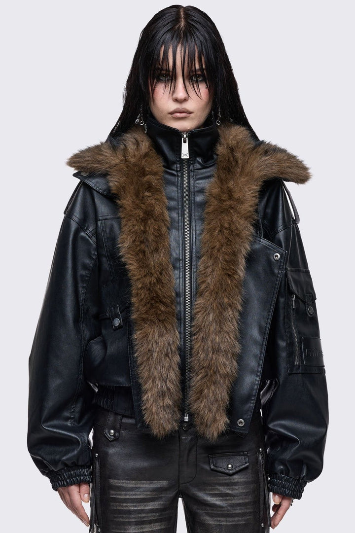Black Aviator Bomber Jacket with Brown Faux Fur | Minga London