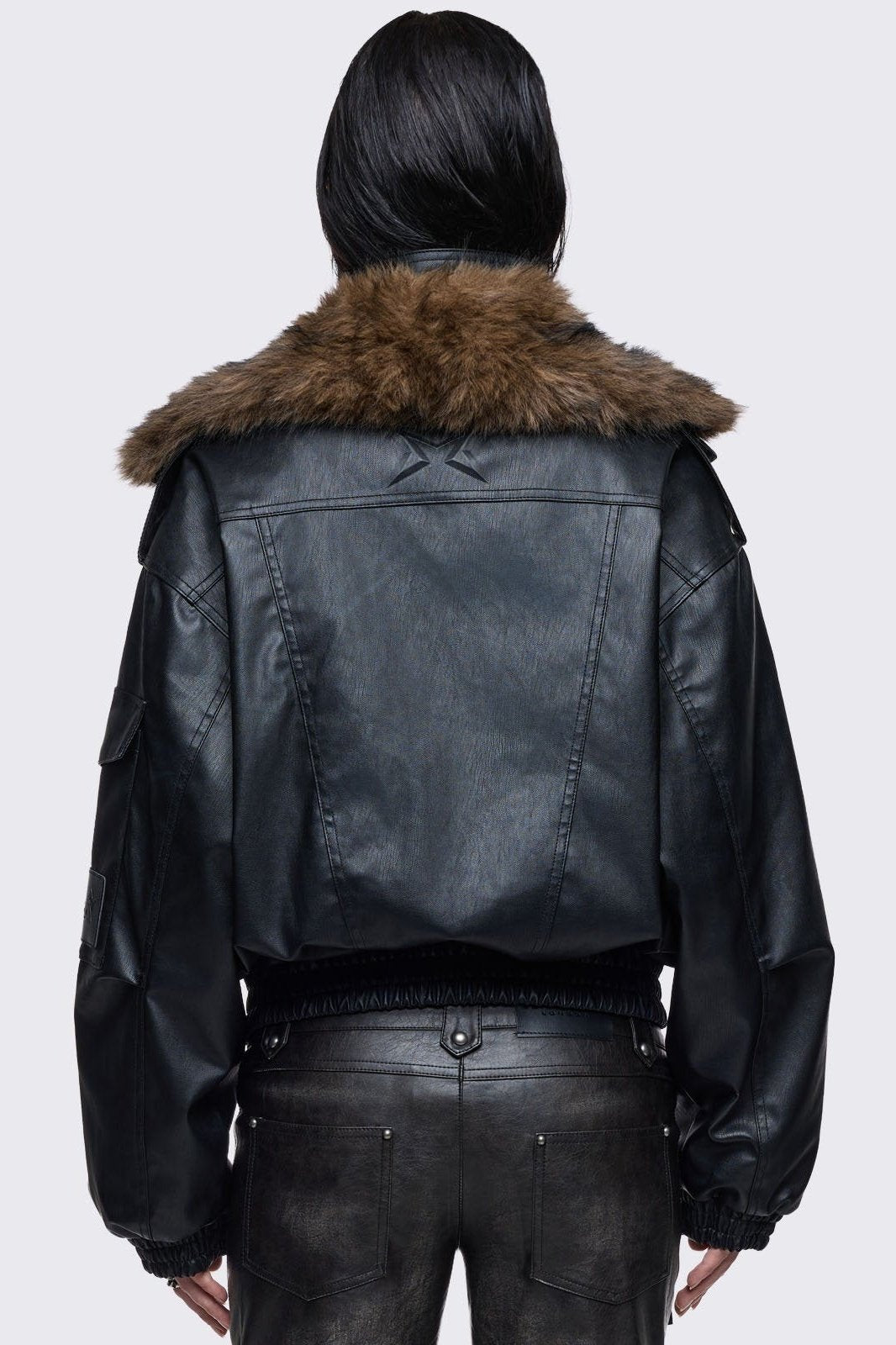 Black Aviator Bomber Jacket with Brown Faux Fur | Minga London