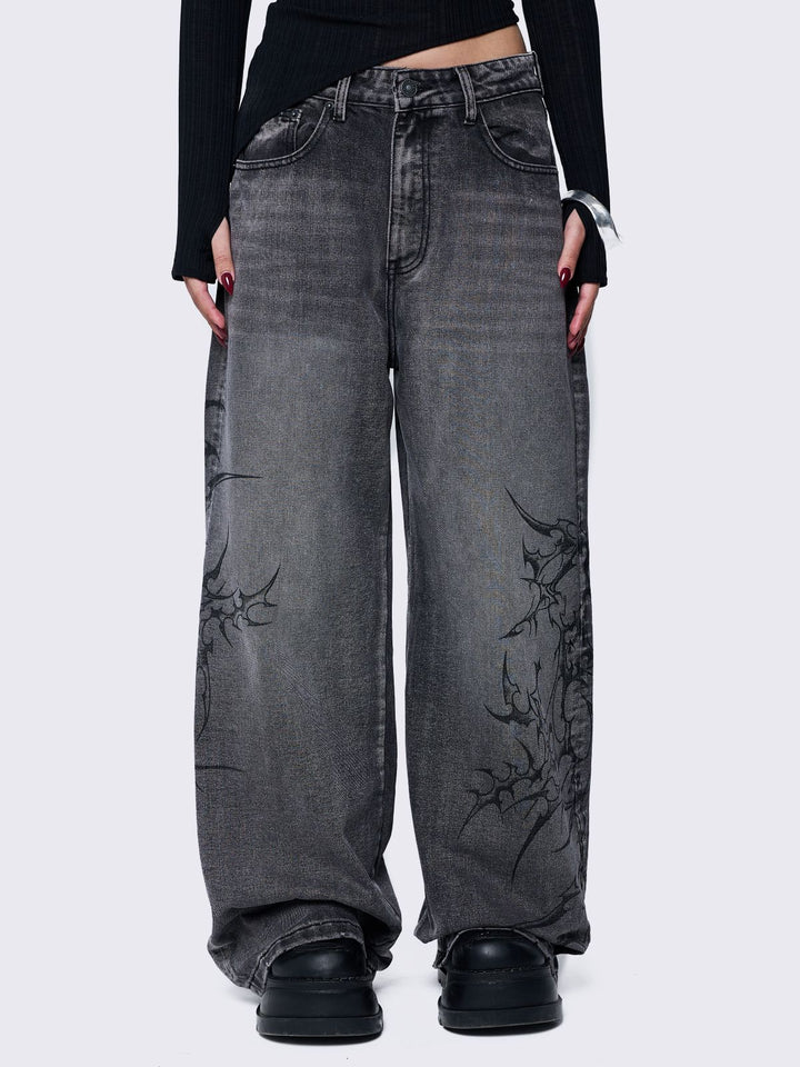 Grey Baggy Jeans with Tribal Sigilism Print Minga London