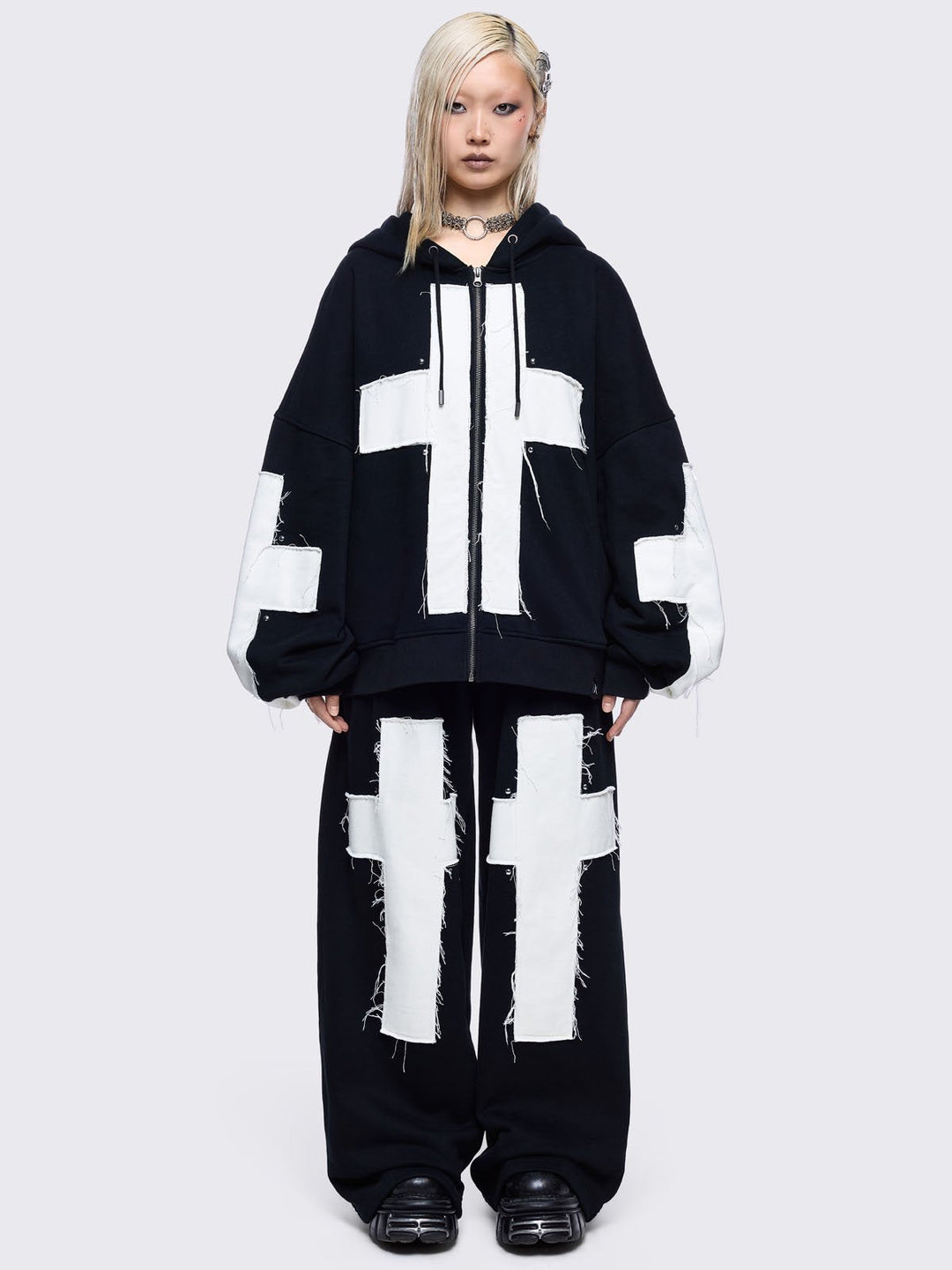 Black Sweatpants with Knee Cross Patches | Minga London