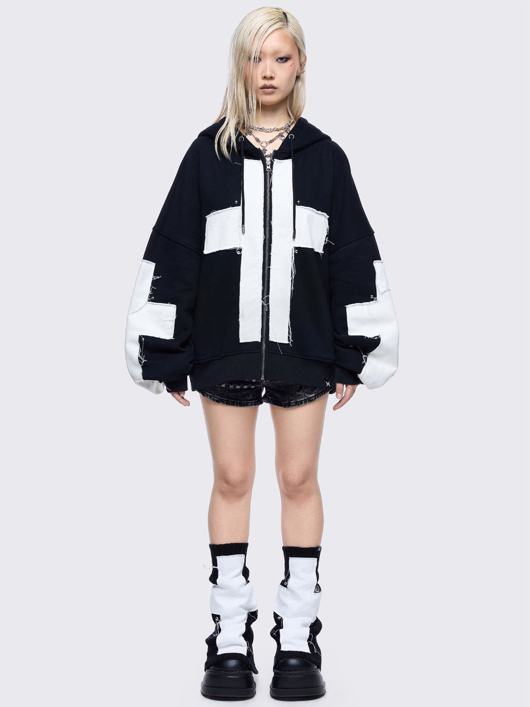 Black Zip Up Hoodie with White Cross Patches | Minga London