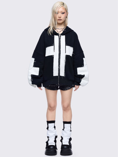 Black zip up hoodie jacket with white chunky cross patches. on front and sleeves