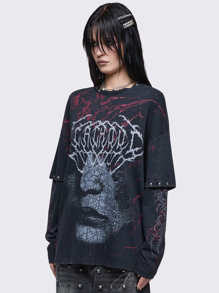Oversized Black Layered Graphic Long Sleeve T-Shirt | Minga London