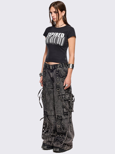 Grey acid washed multi pocket cargo jeans featuring a detachable-leg with zipper and all over strap, D-ring and lace up details.