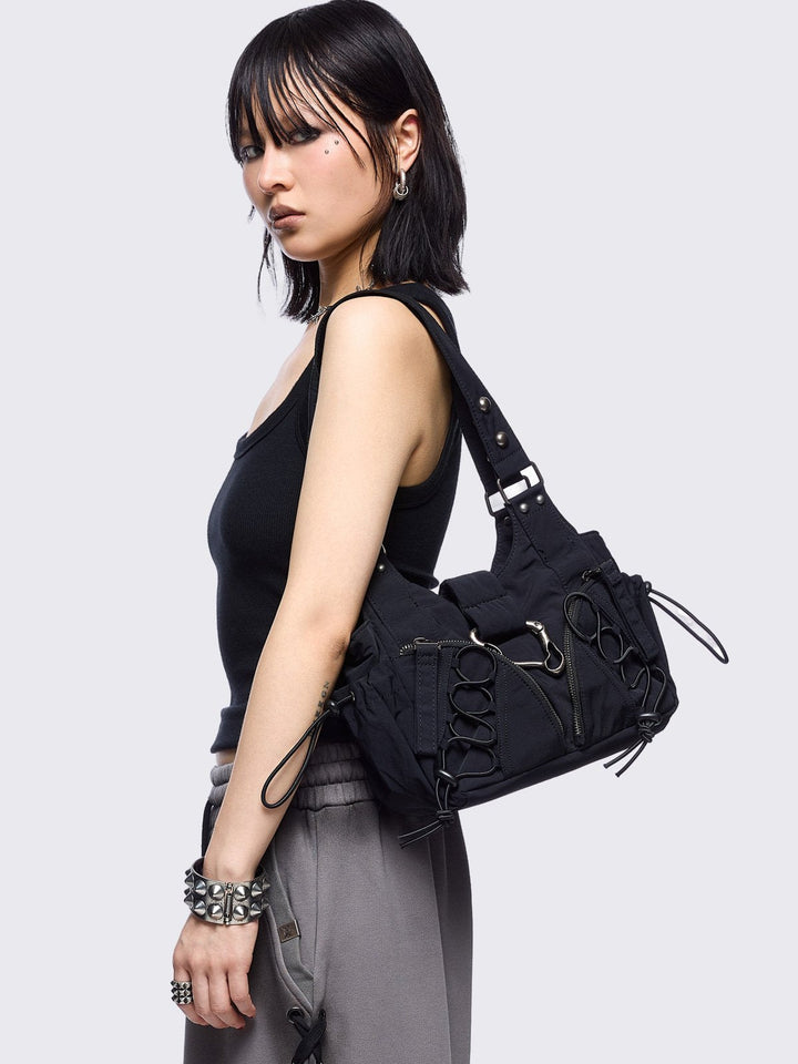 Minga London スパイクバックパック Black Vegan Leather Shoulder Bag with Spike Studs | Minga London