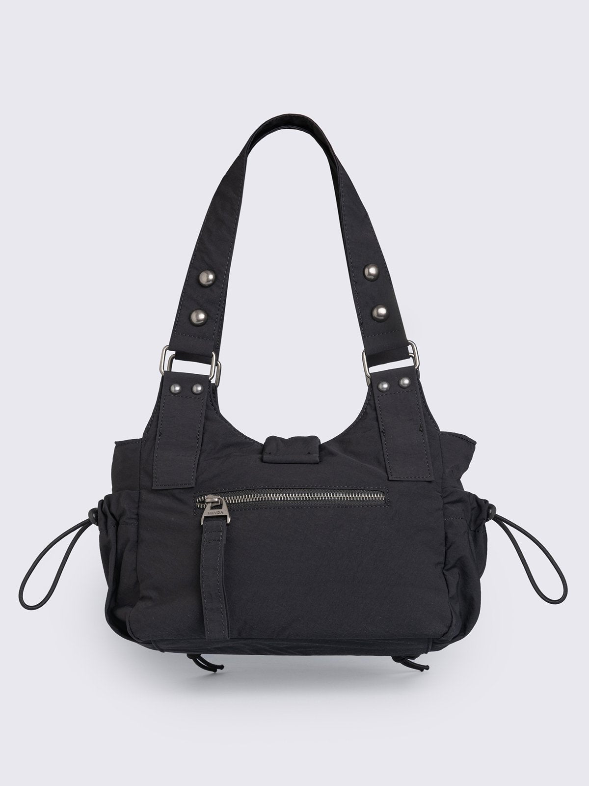 Black nylon multi pocket shoulder bag with metal hardware and lace up toggle details.