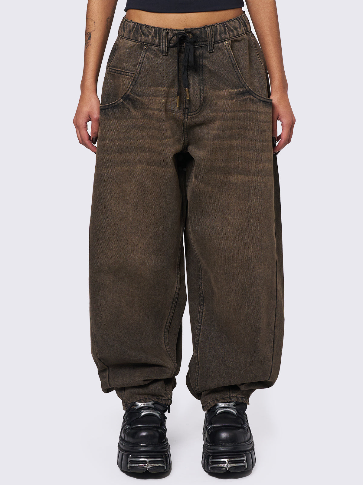 Oversized balloon jeans in washed brown with elasticated drawstring waist