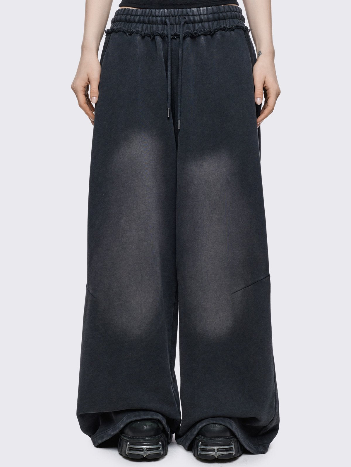 Black washed wide leg joggers with light grey overdye 