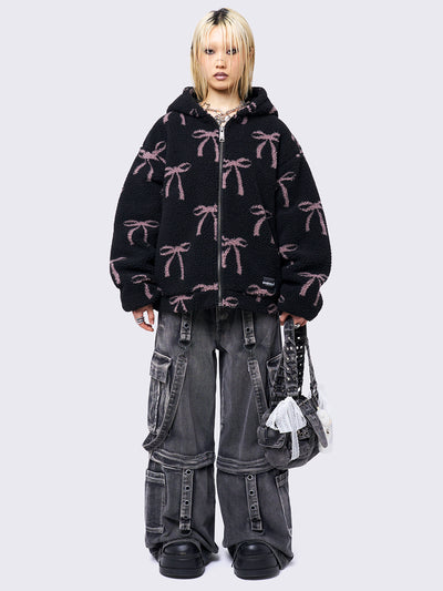 Black borg fleece hoodie jacket with an all-over pink bows design. Features an oversized fit and zip fastening.