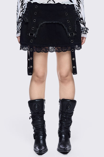 Black Denim Mini Skirt with Eyelet Straps | Minga London
