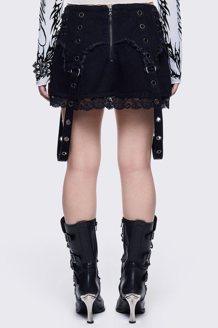 Black Denim Mini Skirt with Eyelet Straps | Minga London