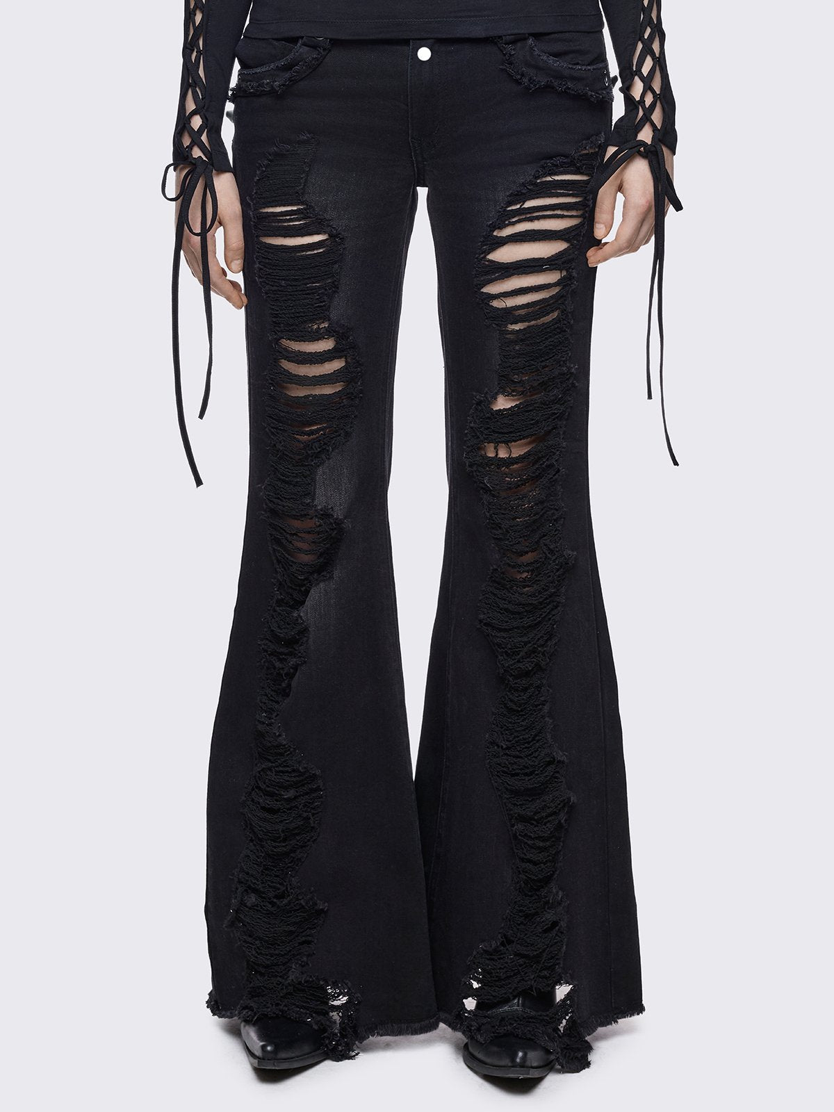 Black washed flare jeans with front shedded