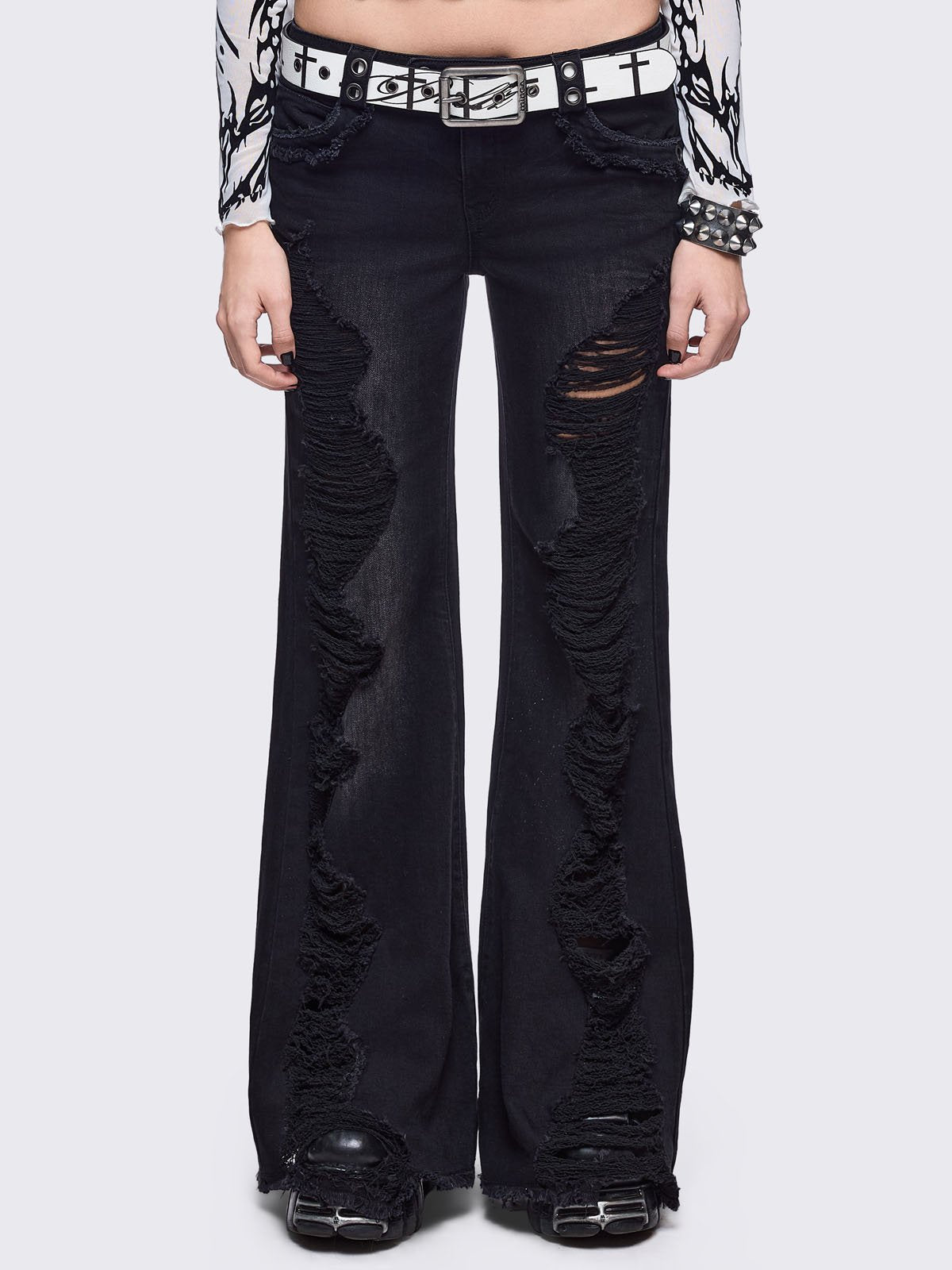 Black washed flare jeans with front shedded