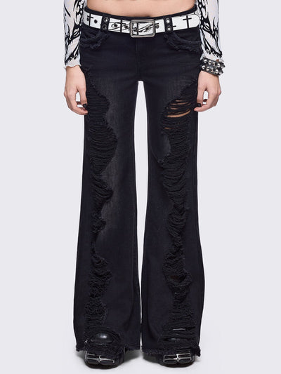 Black washed flare jeans with front shedded