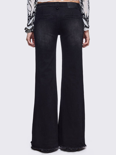 Black washed flare jeans with front shedded