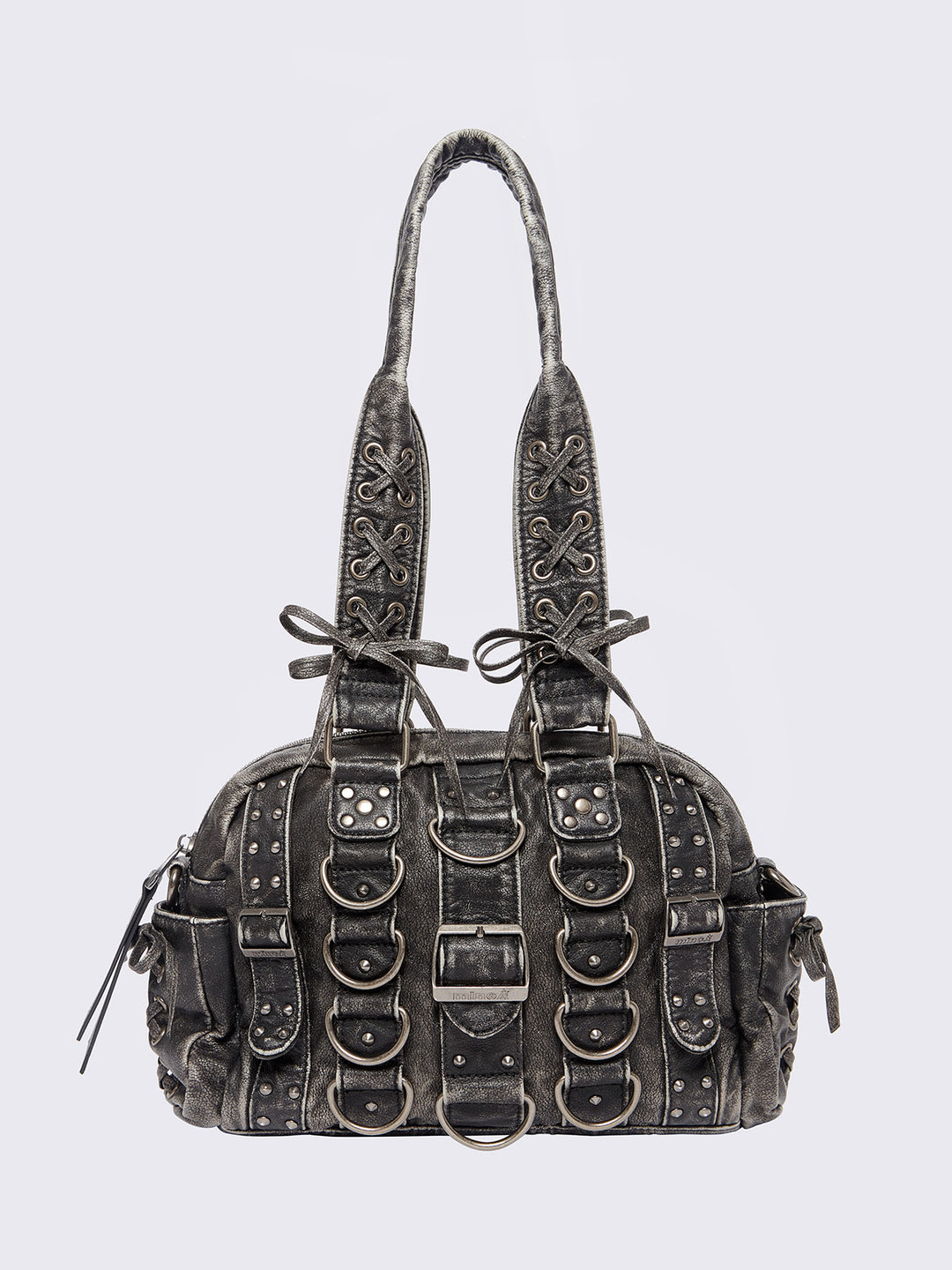 Minga Londonハードウェア ヴィーガン ショルダーバッグ Washed Black Vegan Leather Shoulder Bag with Buckles and D