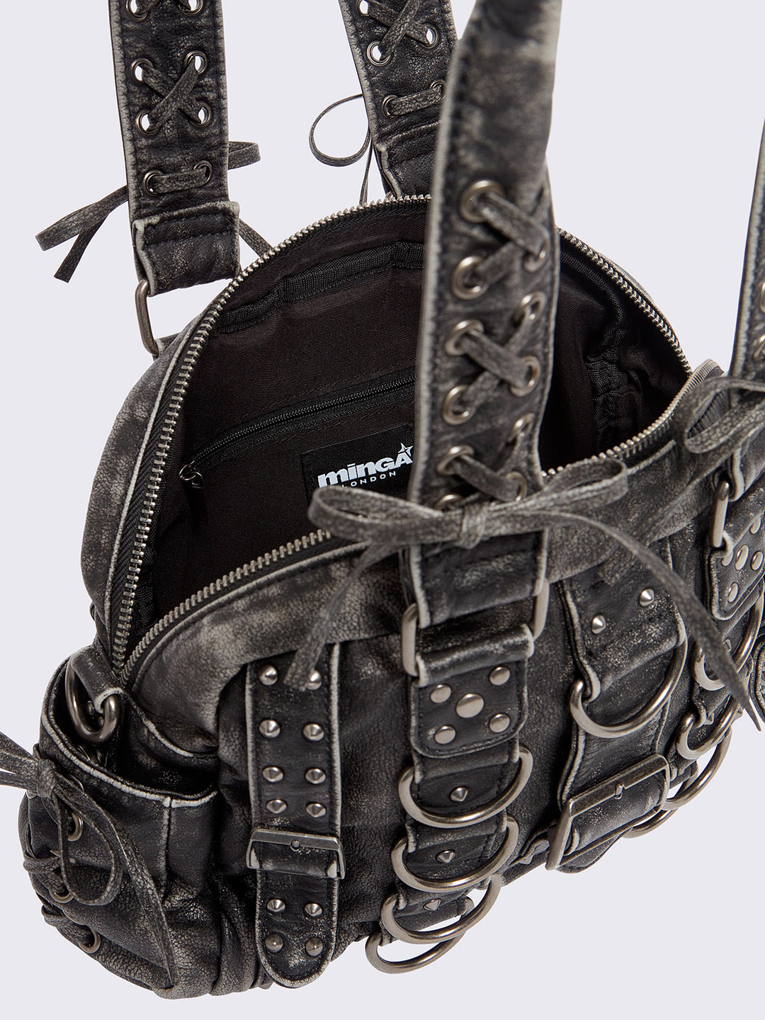 Washed Black Vegan Leather Shoulder Bag with Buckles and D