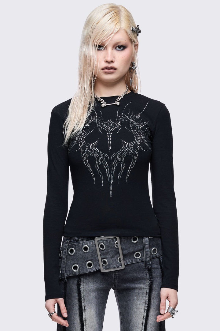Black Long Sleeve Top With Cyber Sigil Heart Rhinestone | Minga London
