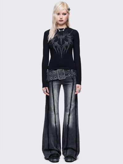 Black long sleeve top with sigilism heart rhinestone design.