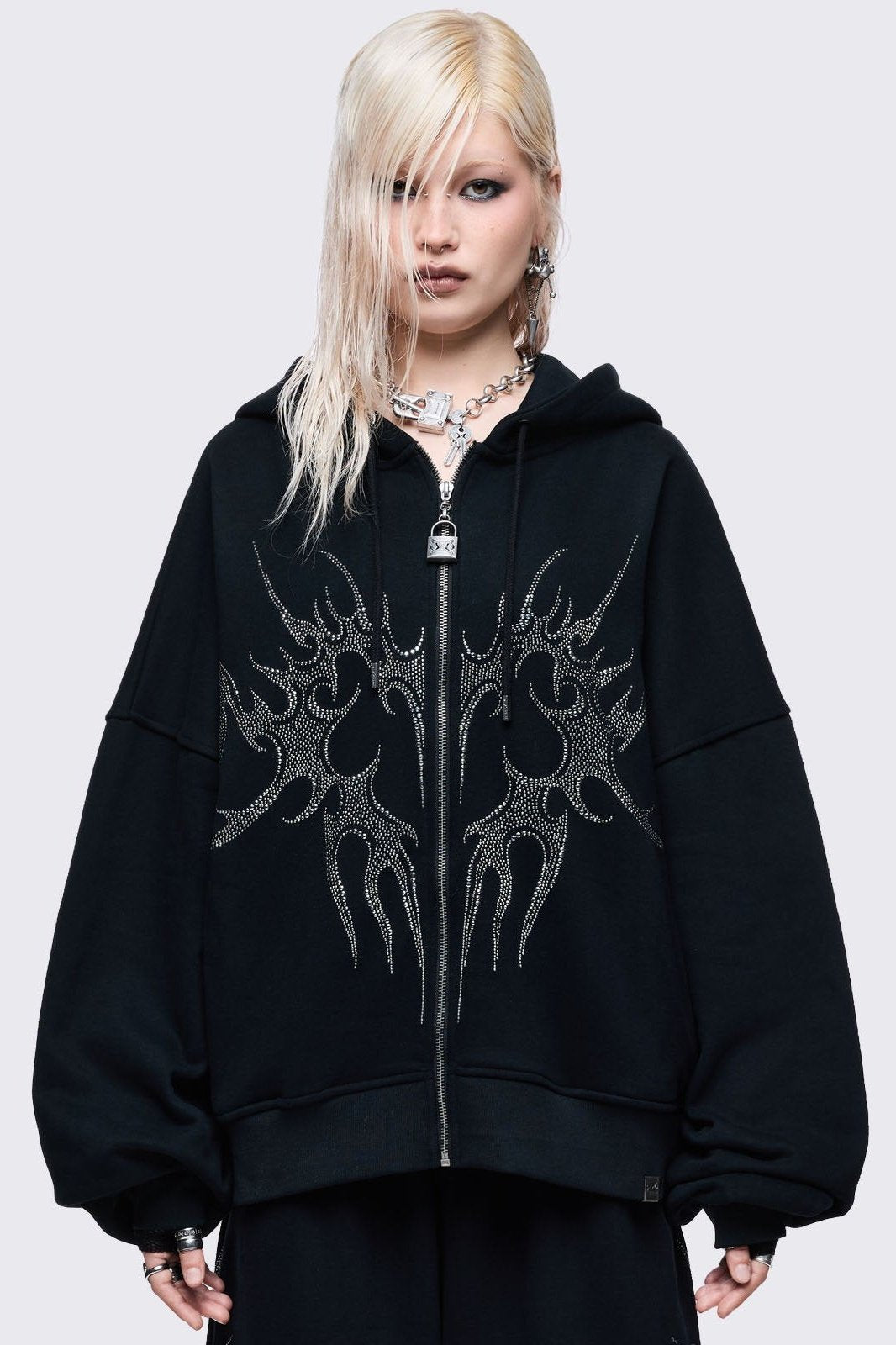 Oversized Black Zip Up Hoodie With Sigil Heart Rhinestones Minga London oversized-black-zip-up-hoodie-with-sigil-heart-rhinestones-minga-london