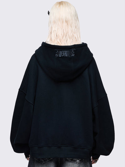 Black zip up hoodie eith sigilism heart rhinestone graphic