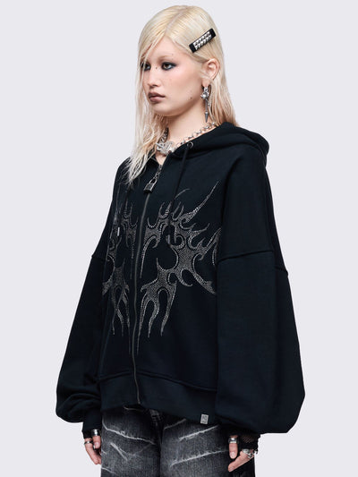 Black zip up hoodie eith sigilism heart rhinestone graphic