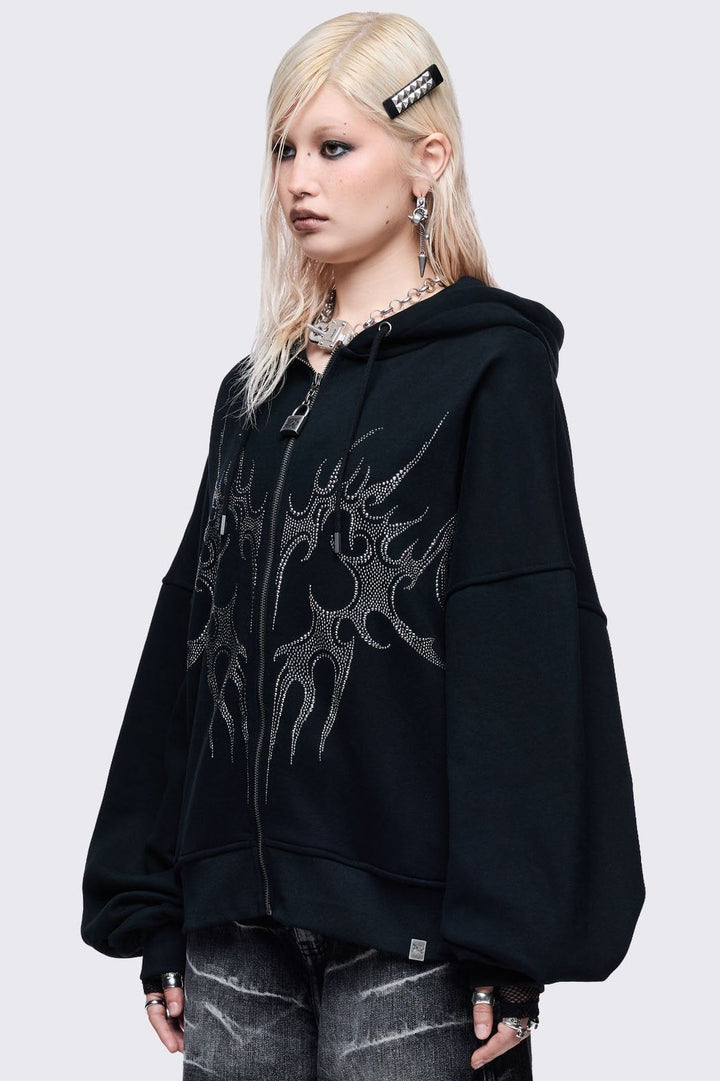 HYPE-09 double zip frill hoodie パーカー M Oversized Black Zip-Up Hoodie With Sigil Heart Rhinestones | Minga