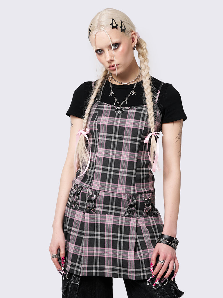 Punk y2k Plaid Grey and Pink Mini Dress with Suspender D ring Strap Minga London