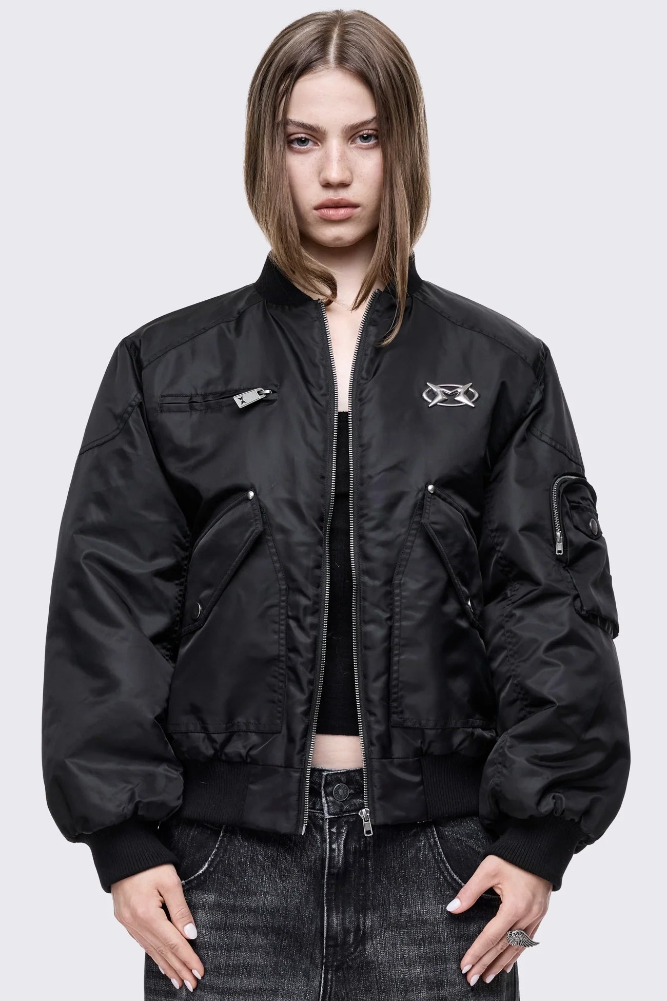 Black Oversized Multi Pocket Bomber Jacket | Minga London