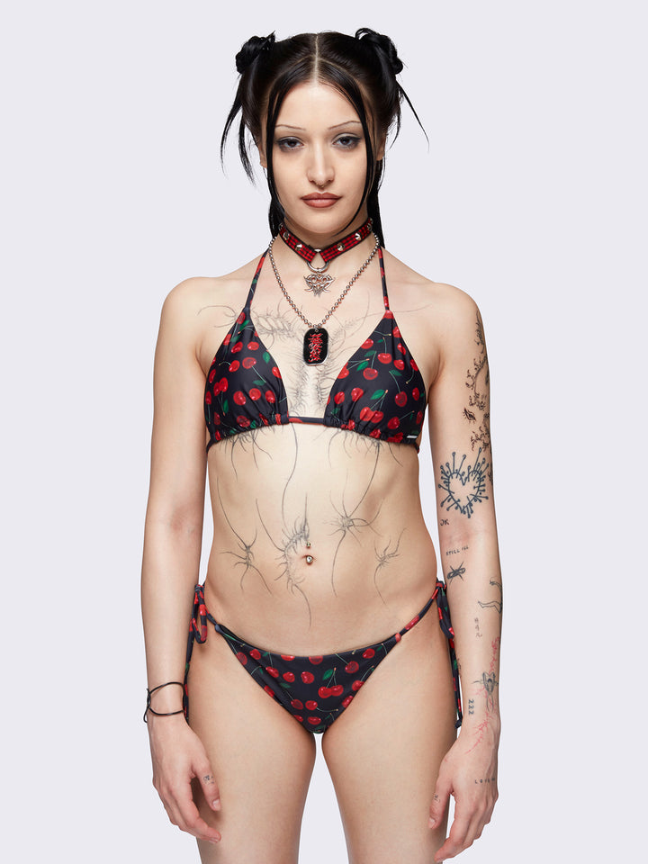Cherry Halter Neck Triangle Bikini Top in Black | Minga London