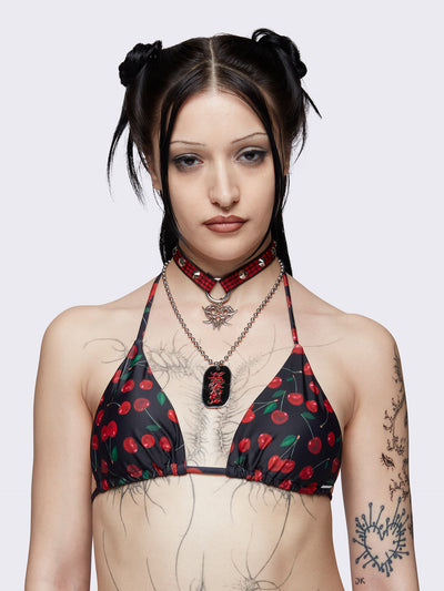 Black triangle bikini top with all over cherries print