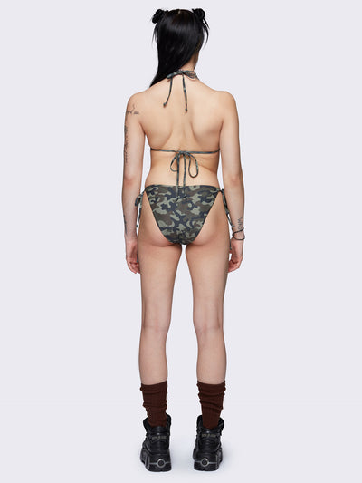 Tie side bikini bottoms with all over camo print