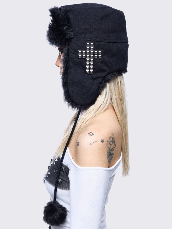Black Faux Fur Fluffy Trapper Hat with Studded Cross | Minga London