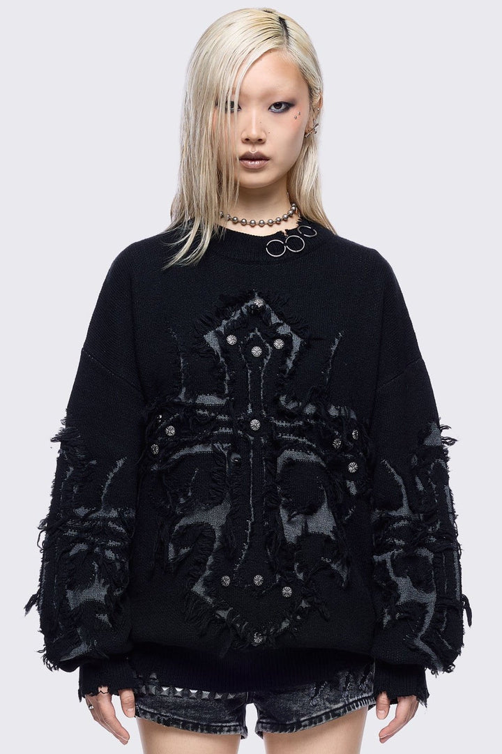 Black Distressed Jumper with Frayed Cross | Minga London