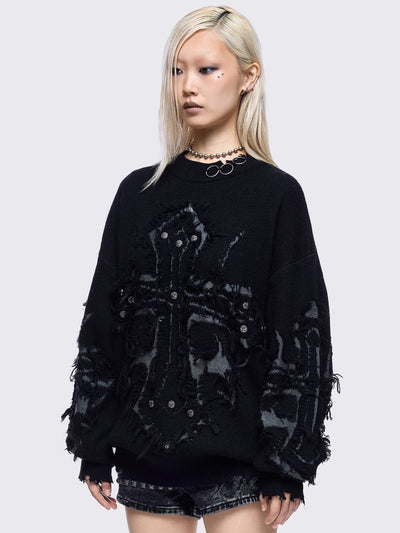 Black knitted jumper featuring frayed crosses design and stud and O-ring details.