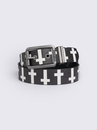 Black vegan leather belt with white crosses print