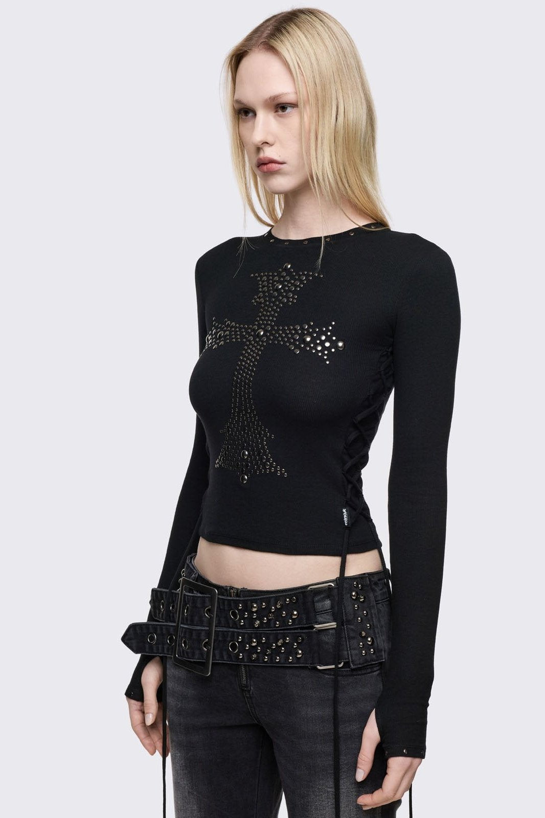 Black Long Sleeve Top with Studded Cross | Minga London