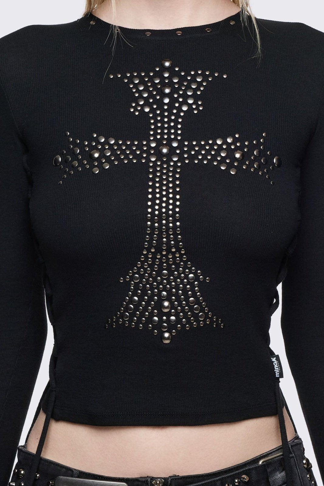 Black Long Sleeve Top with Studded Cross | Minga London