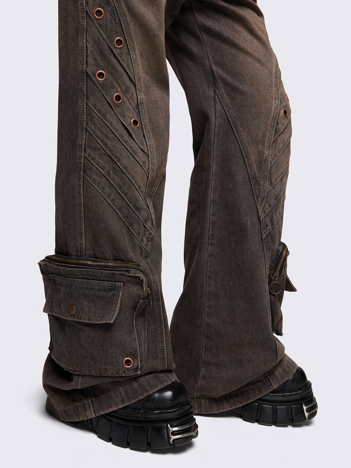 Washed Baggy Flare Jeans with Eyelets and Brown Overdye