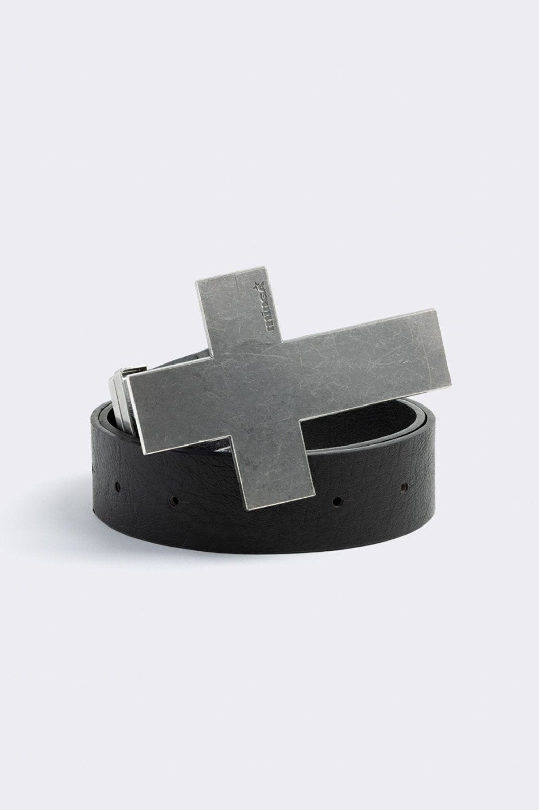 Black vegan leather with chunky metal cross. 