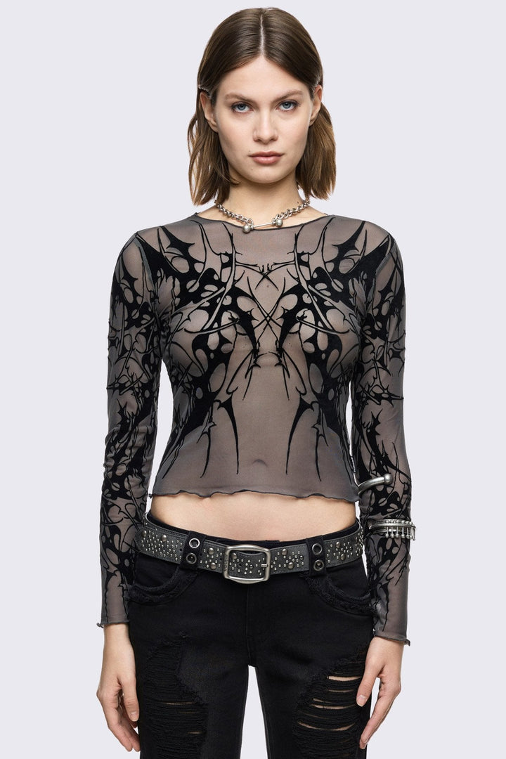 Grey Mesh Top with Cyber Sigilism Graphic | Minga London